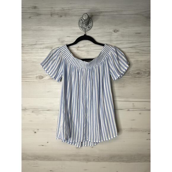 Old Navy Shirt Womens Small Blue White Striped Smocked Short Sleeve Rayon Boho - Picture 9 of 9